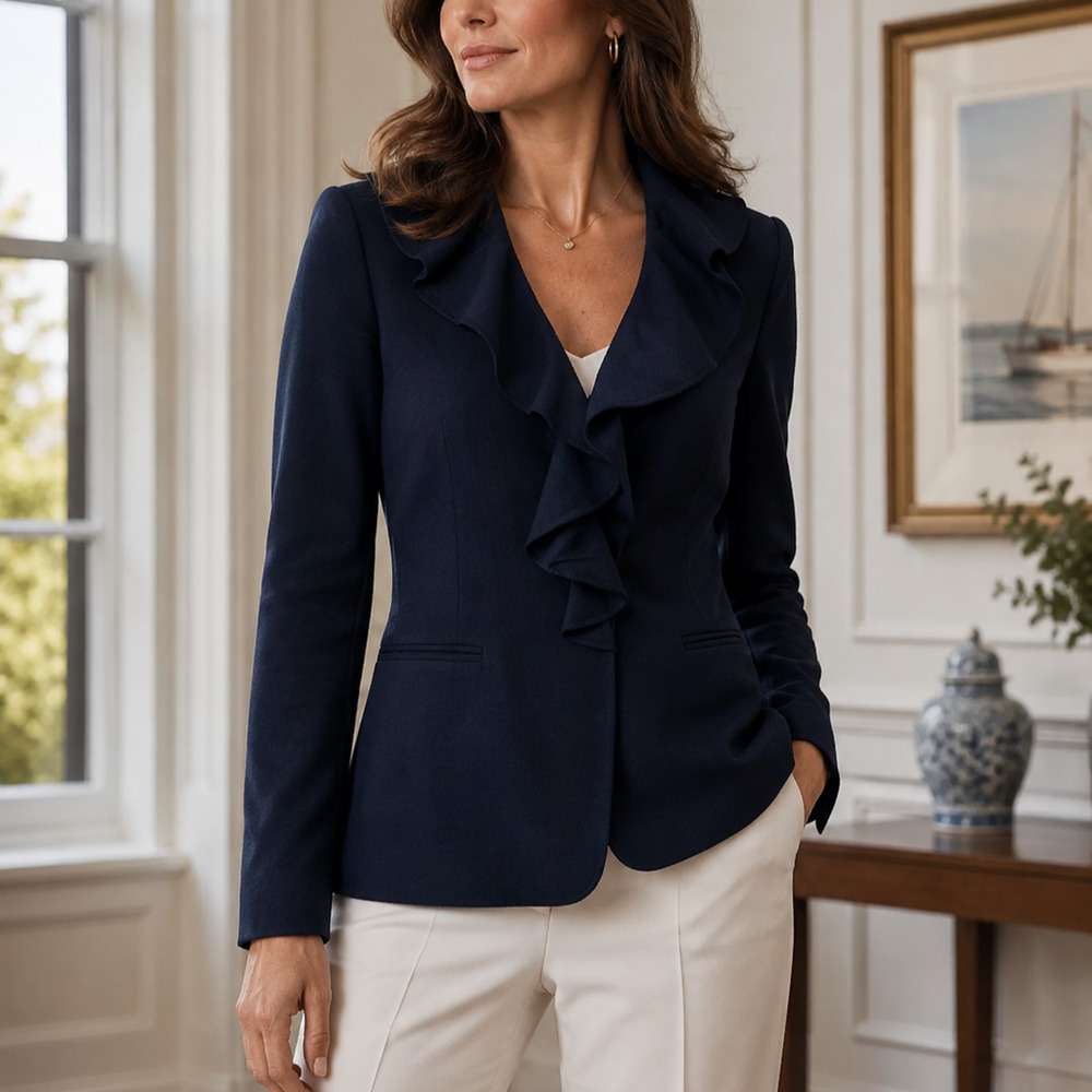 Ralph Lauren Ruffle Lapel Collar Wool Blazer Jacket Size 6 Navy Blue Office